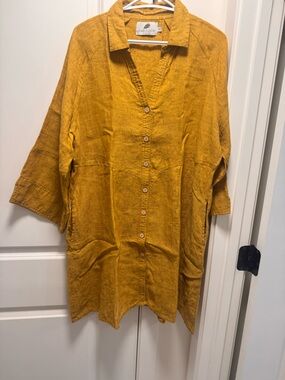 Fabulous Furs Mustard Yellow Button-Front Linen Shirt Dress